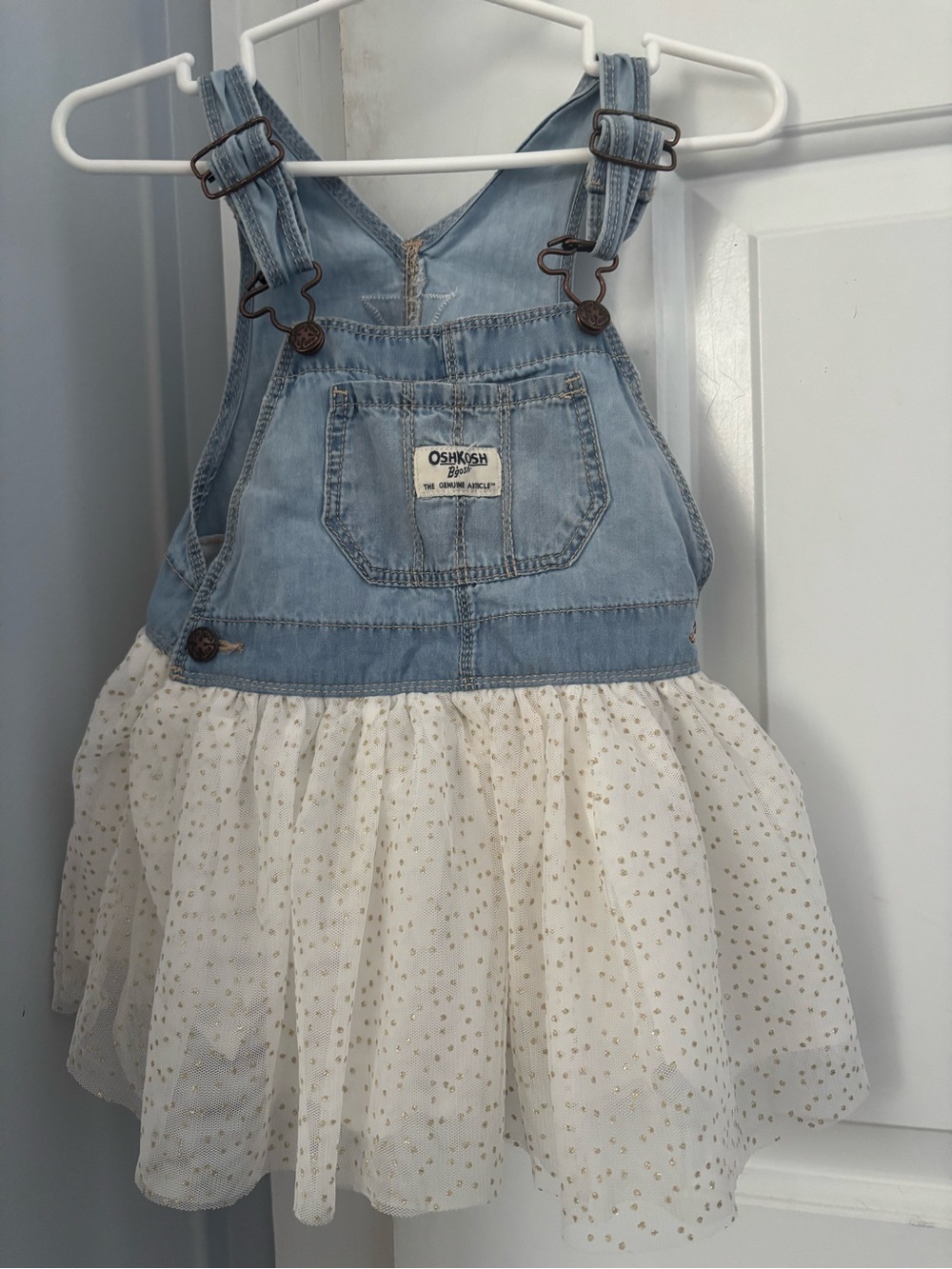 OshKosh B'gosh Light Blue Denim Overall Dress with Cream Tulle Skirt gold accent